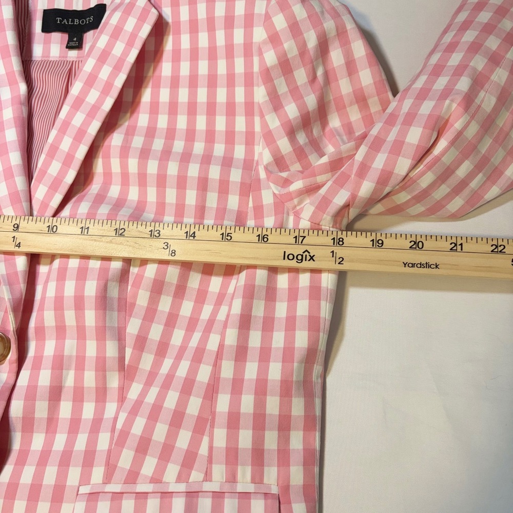 Talbots Pink White Gingham Cotton Blend Blazer Jacket Size 4 Striped Lining - Picture 8 of 11